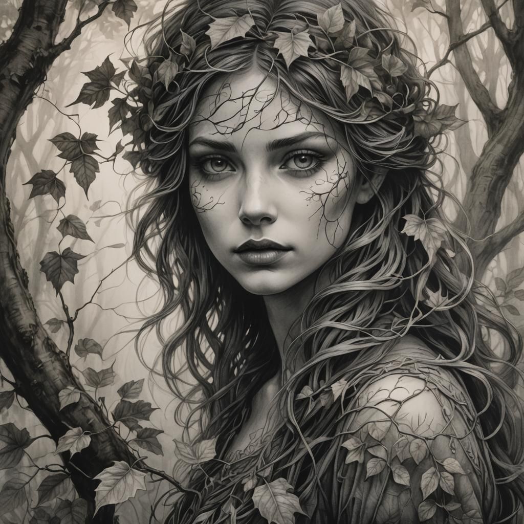 Mystical Girl with Vines, Charcoal Drawing