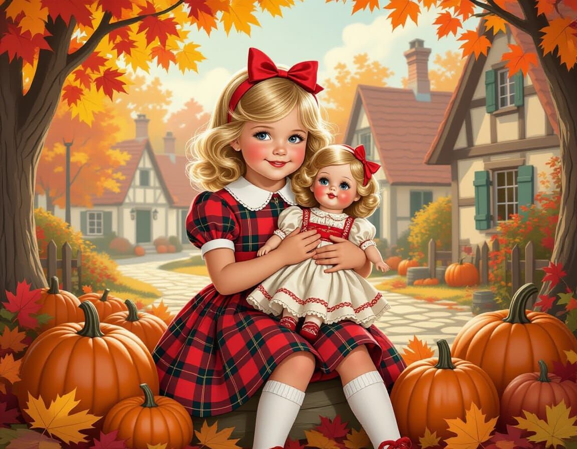 Autumn Girl with Doll in Storybook Style