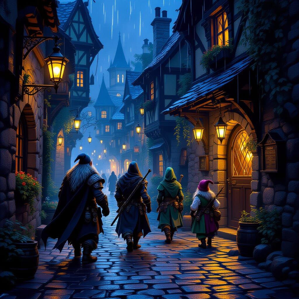 Fantasy Adventurers Approach Glowing Tavern in Dark Alley