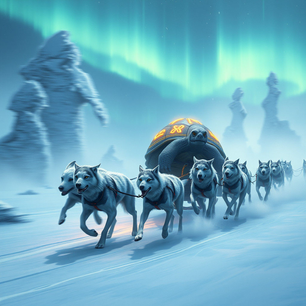 Turtle Sledding Through Aurora-lit Tundra in Fantasy Style