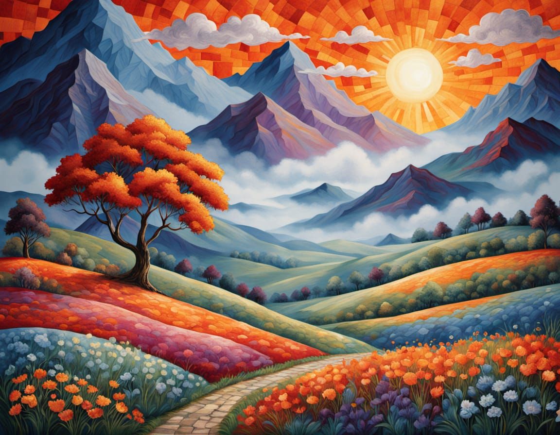Landscape with colorful meadows, mountains and a sunset