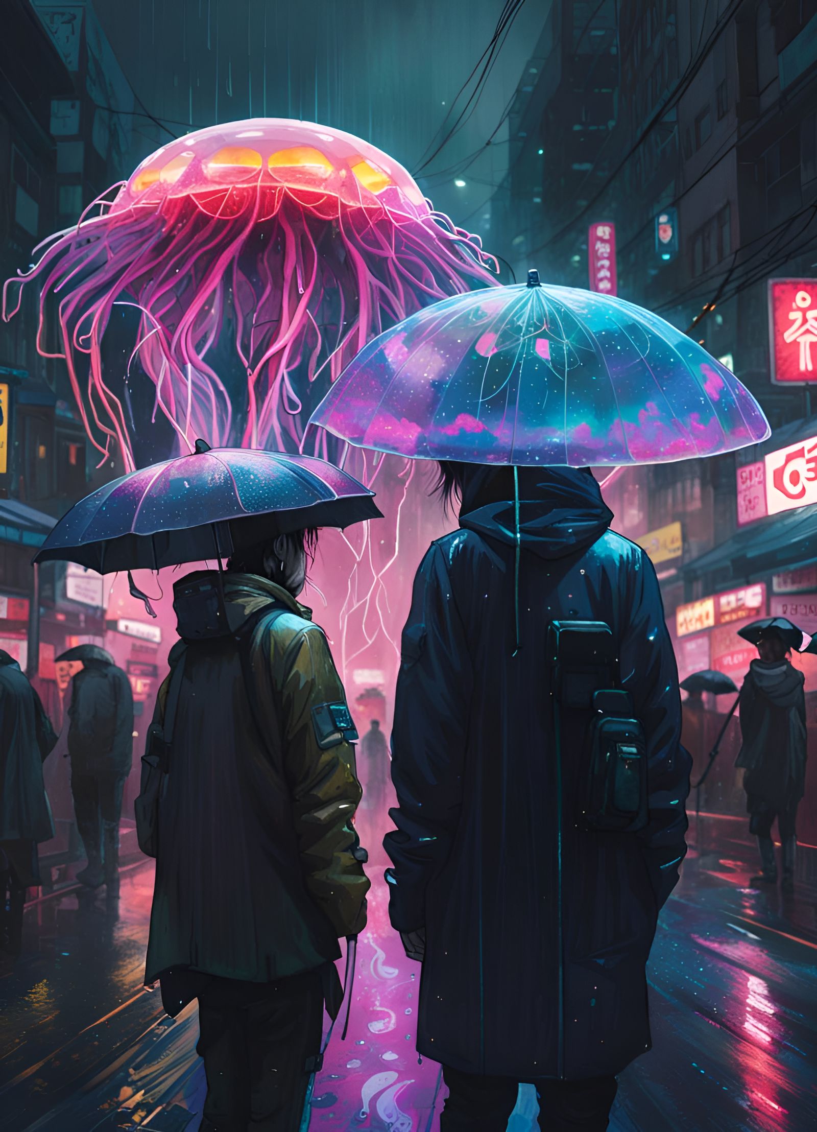 Rainy Tokyo Cyberpunk Night with Jellyfish