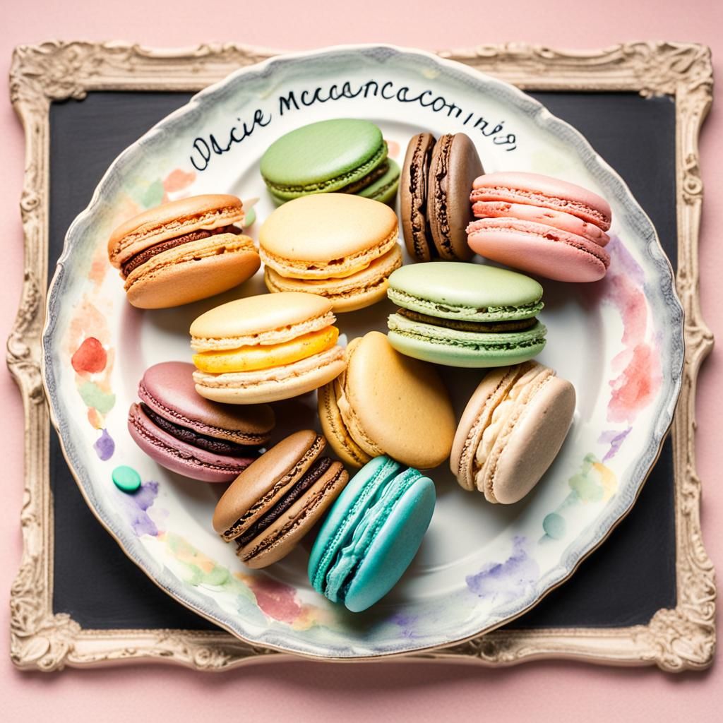Macarons and Macaroons on Plate in Watercolor Style