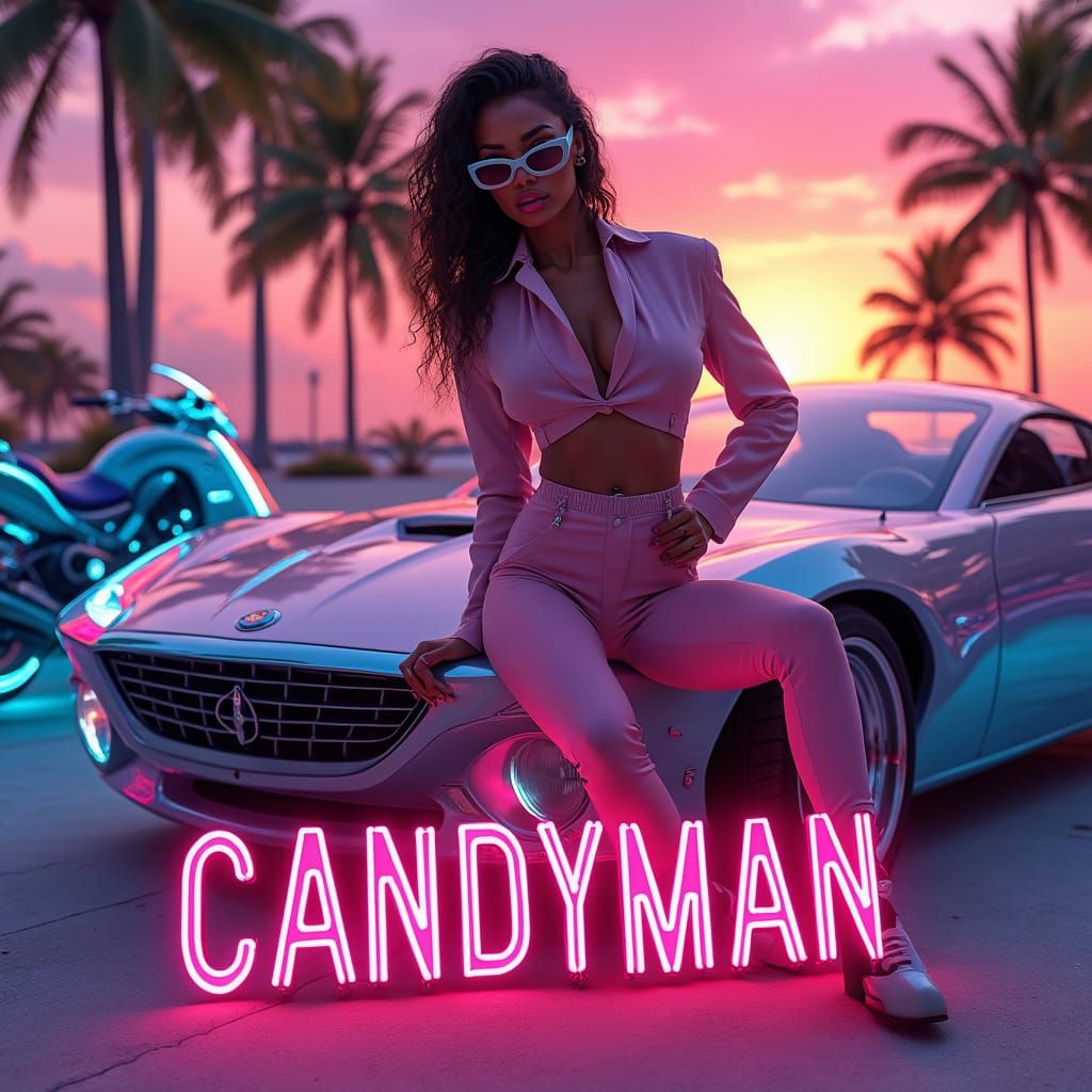 Vibrant Miami Sunset Art Car Show with Custom Lowrider and N...
