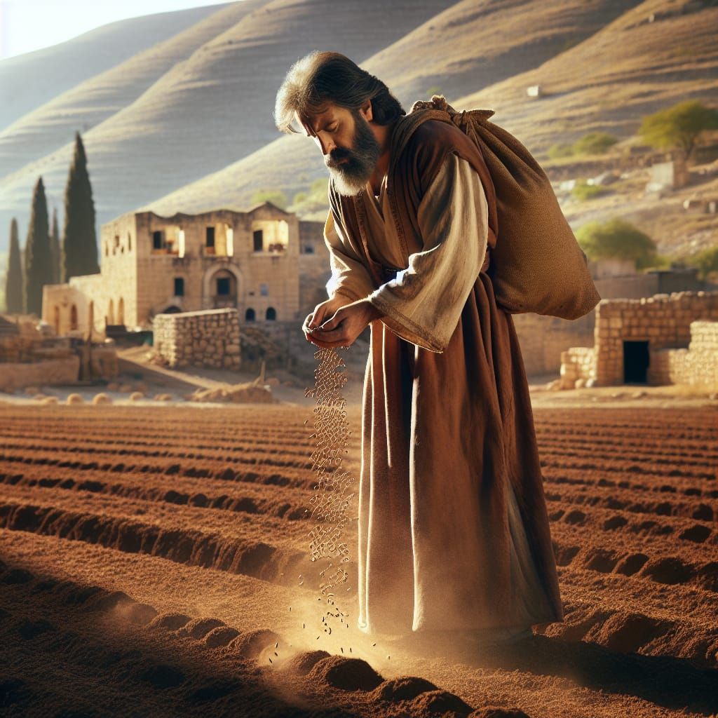 Sower Spreads Seeds in Ancient Israel Field