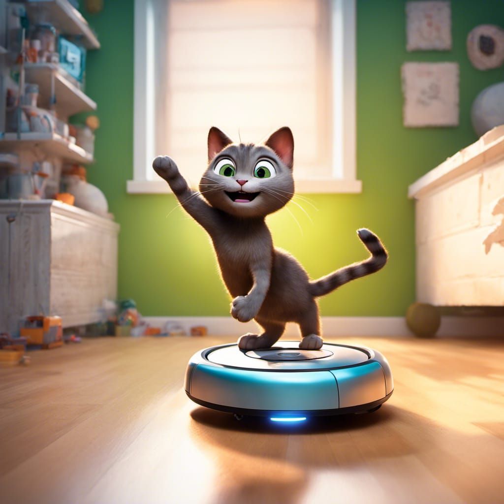 Happy Cat Handstand on Roomba: 3D Digital Art