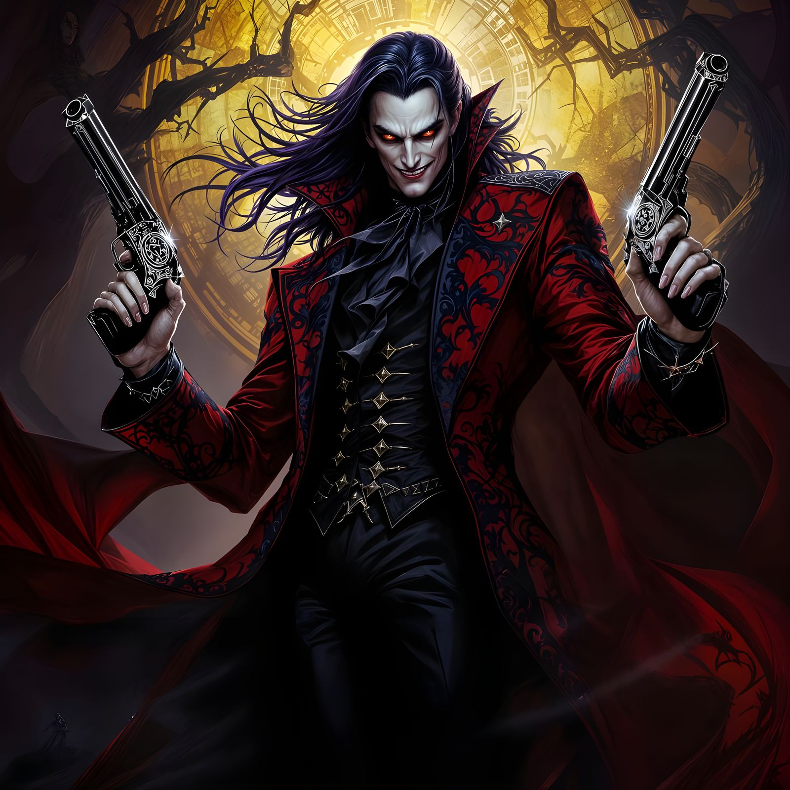Ethereal Vampire Lord in Crimson Robes, Wielding Dark Revolv...