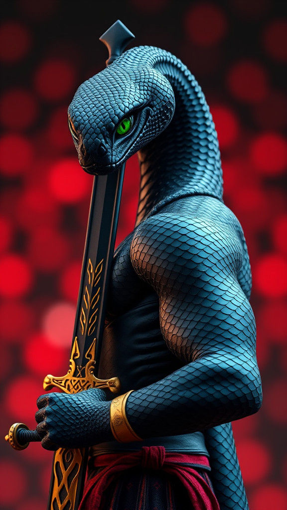 Glass Snake-Man Sculpture with Sword on Bokeh Background