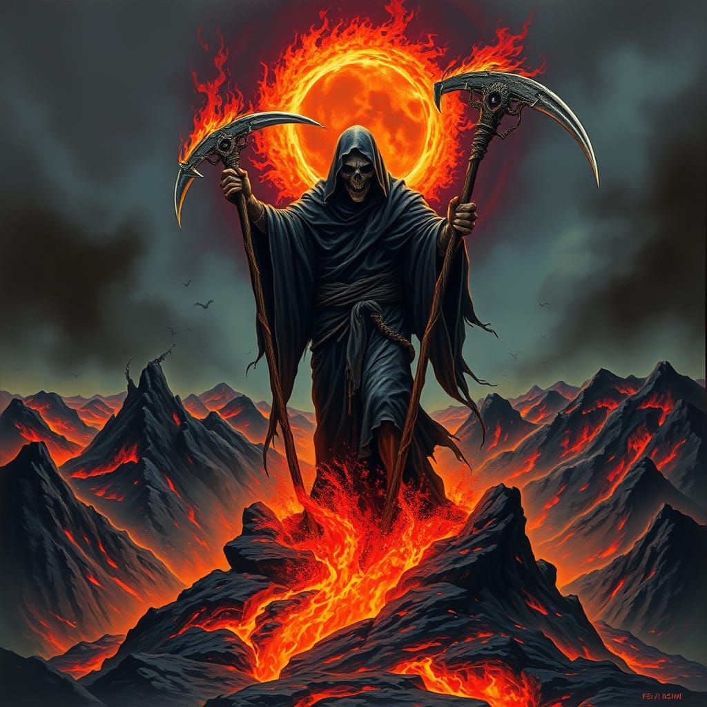 Dark Fantasy Reaper Rises from Apocalyptic Volcano