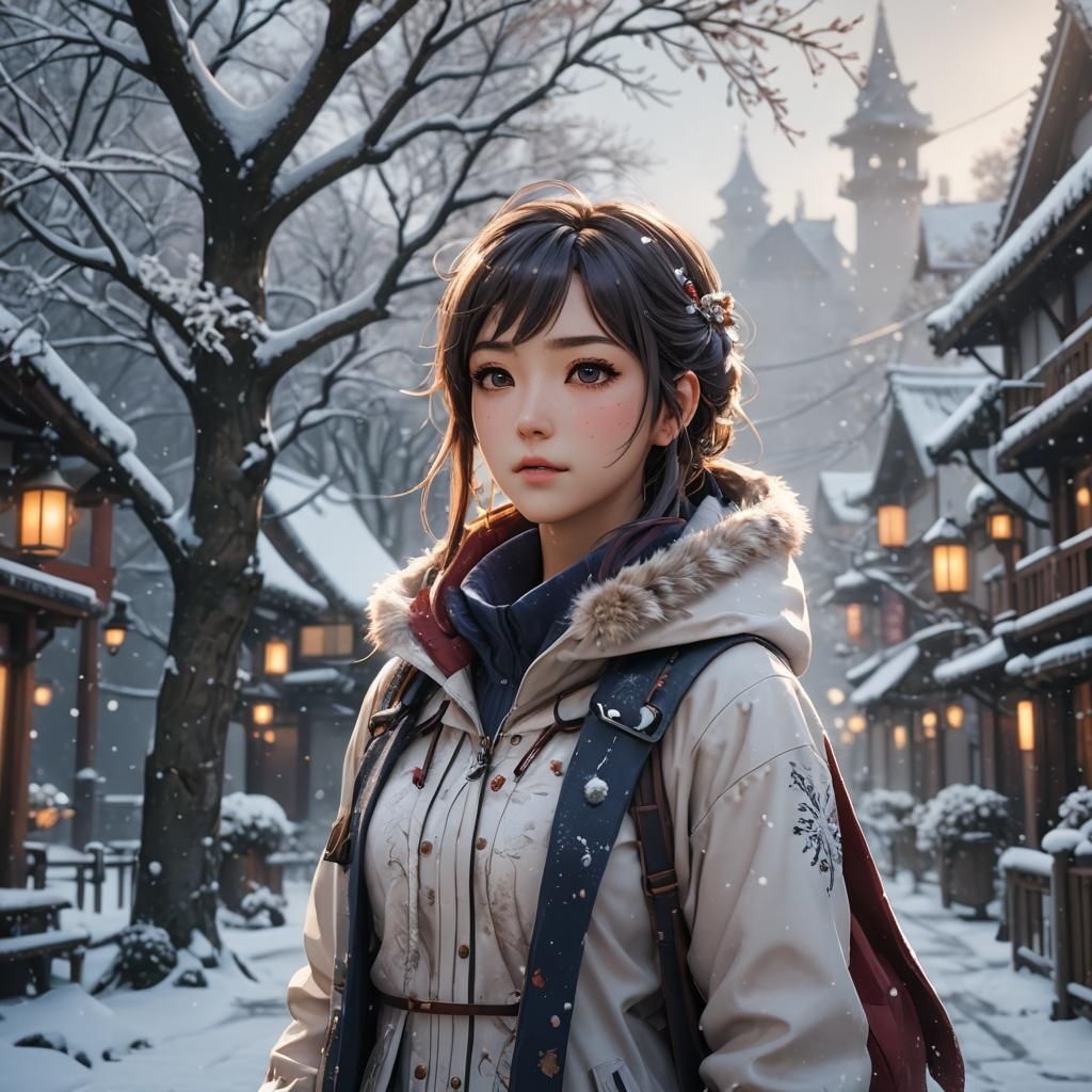 Anime Girl on Snowy Day: Detailed Digital Art