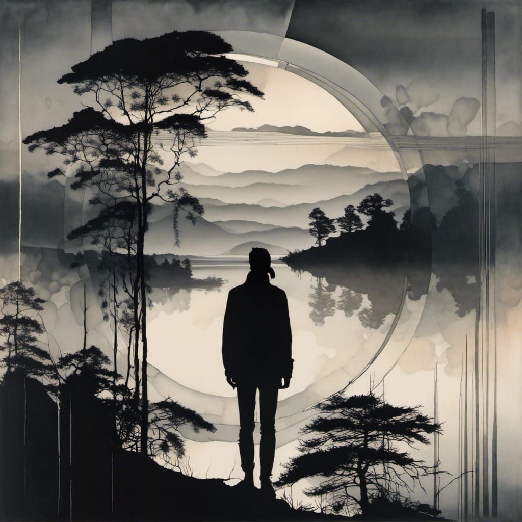 Surreal Silhouette and Landscape in Double Exposure