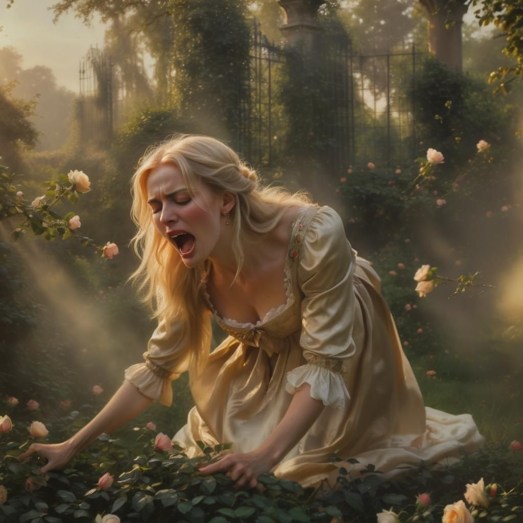 Regency Woman's Heartache in Sunlit Garden: Romantic Realism