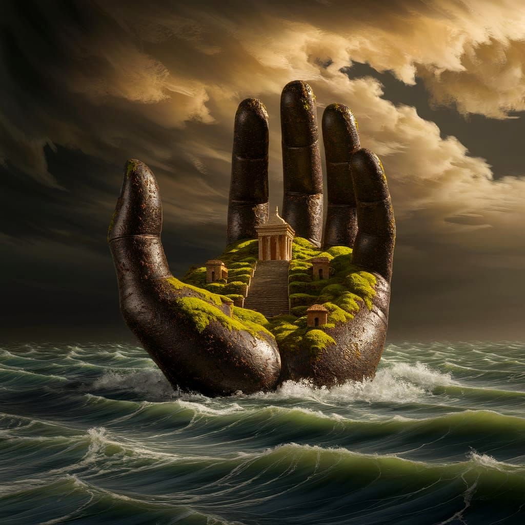 Colossal Iron Hand Emerges From Stormy Sea With Village