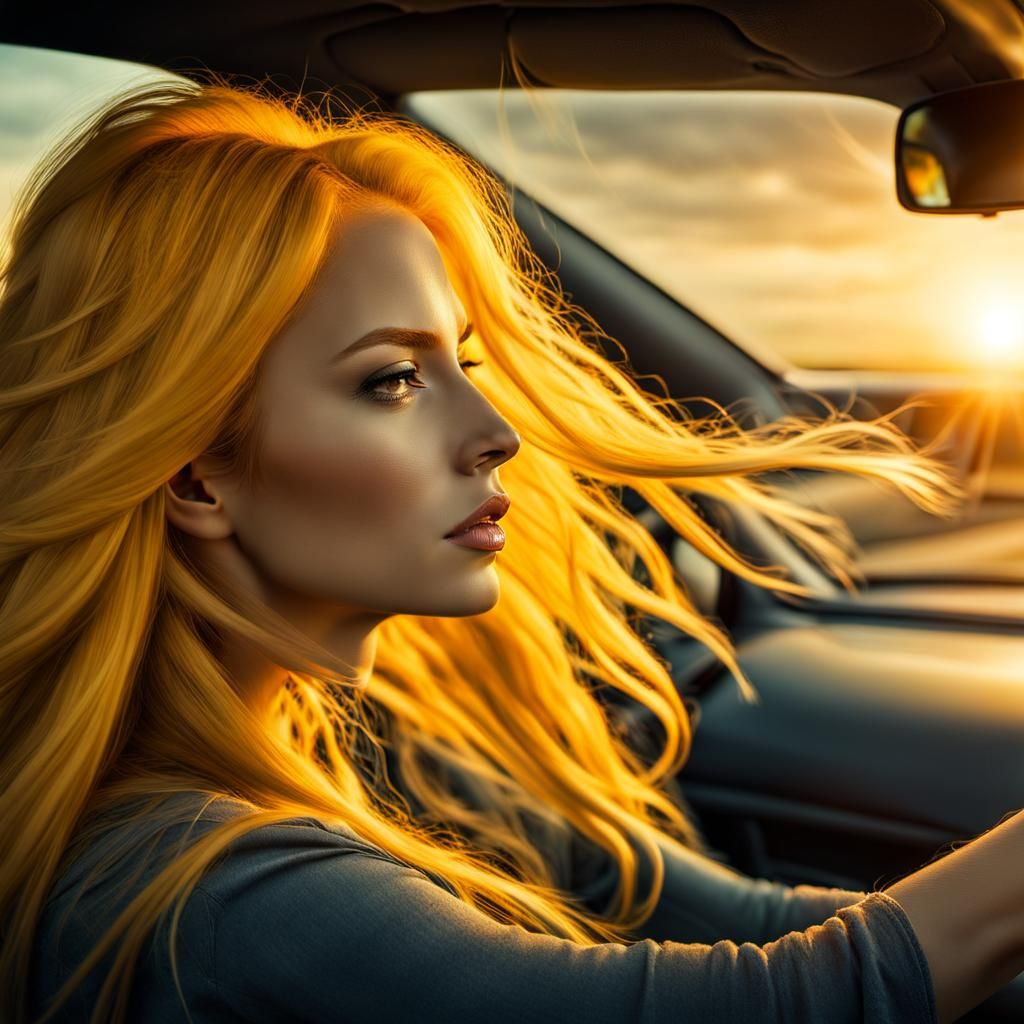 Woman Driving at Sunset in Hyperrealistic Style