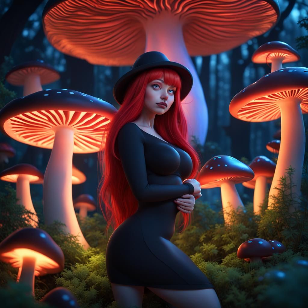 Anime Mushroom Woman in Magic Forest at Night