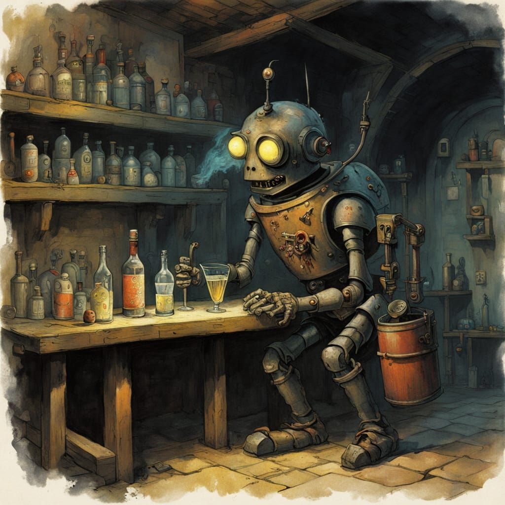 Spooky Robot Serves Haunting Elixir in a Dark, Creepy Cellar...