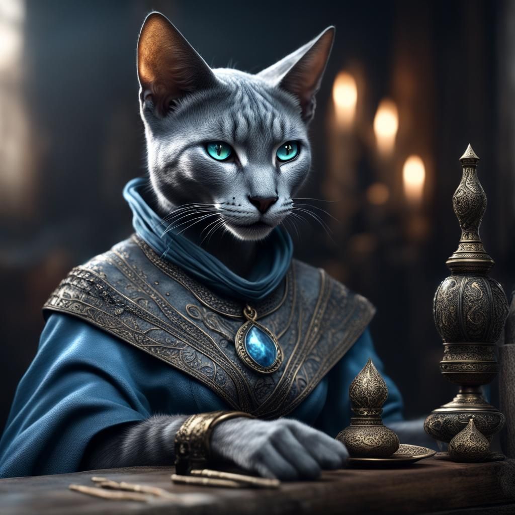 Hyperrealistic Tabaxi Sorceress with Russian Blue Features