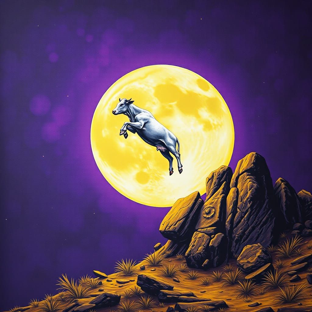 Surreal Cow Jumps Over Moon: Etched Dark Fantasy