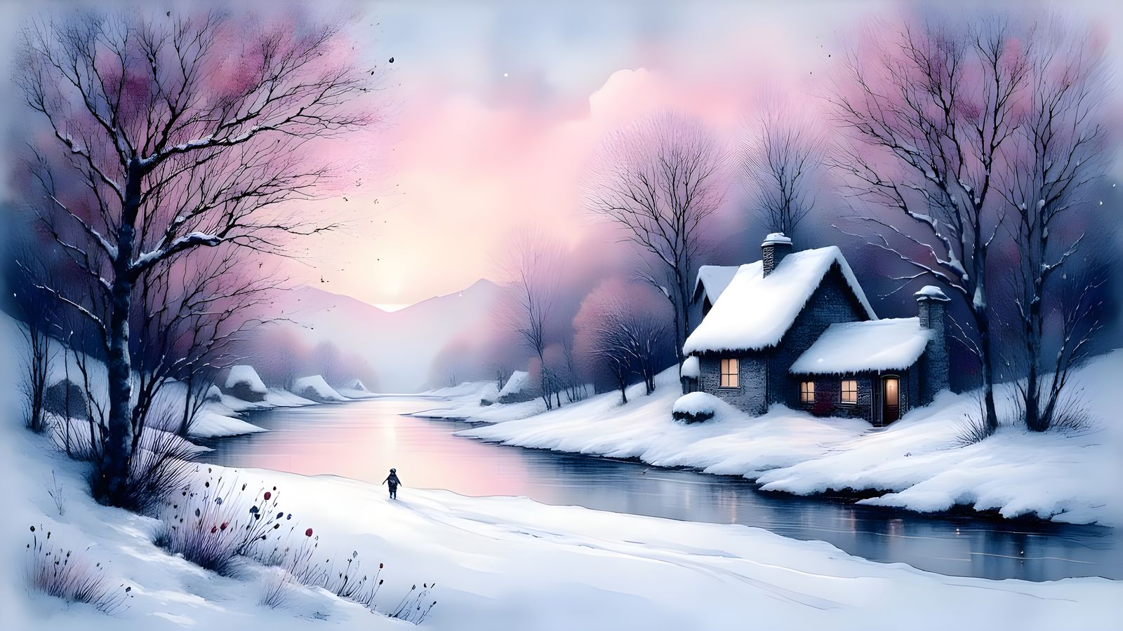 Surreal Winter Scene in a Watercolor Style