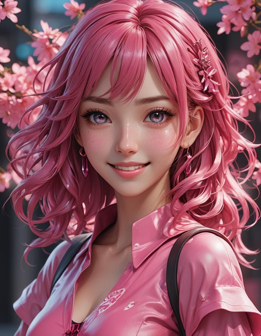 Hyperrealistic Girl in Vivid Pink: 3D Anime Art