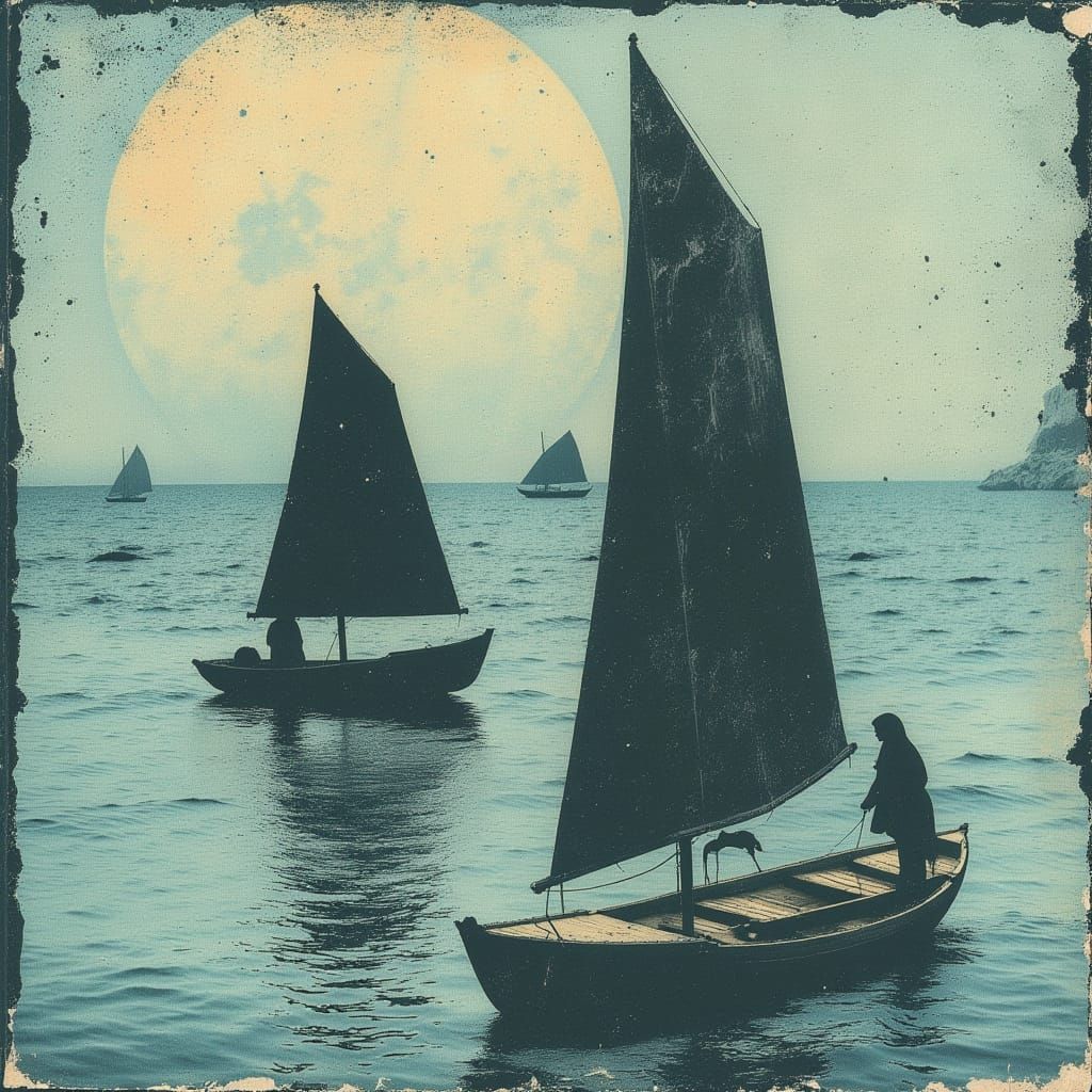 Moonlit Sailboats in Japanese Hanga Style