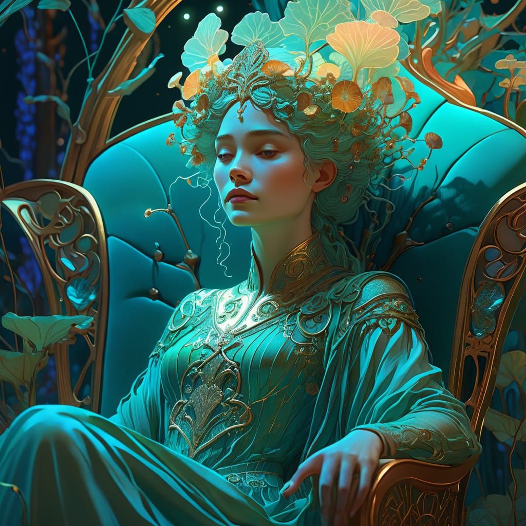 Dryad Queen on Forest Throne: Art Nouveau Illustration