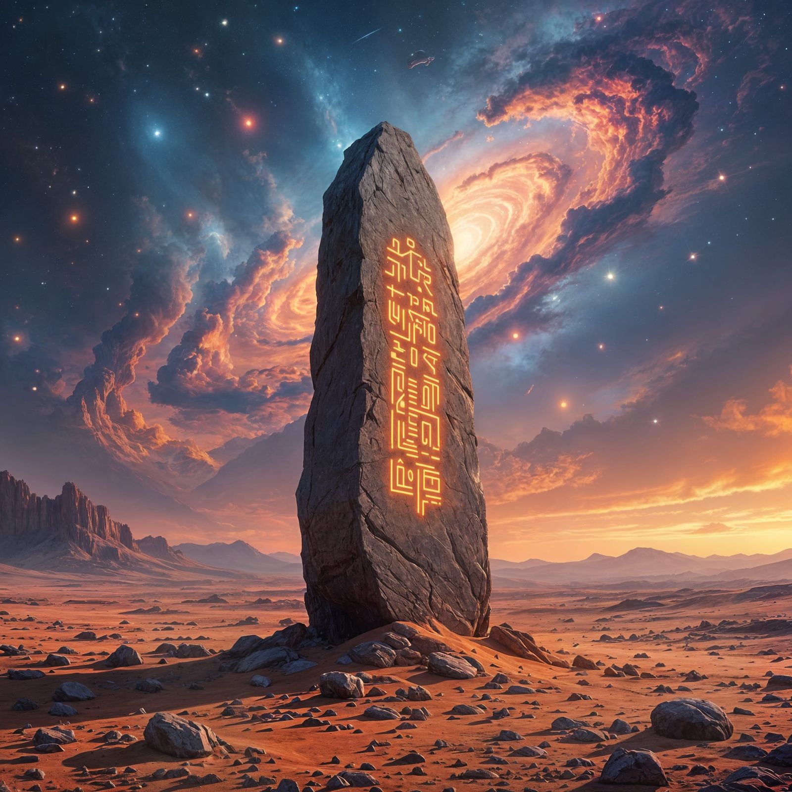 Ancient Monolith on Alien Planet with Cosmic Glyphs