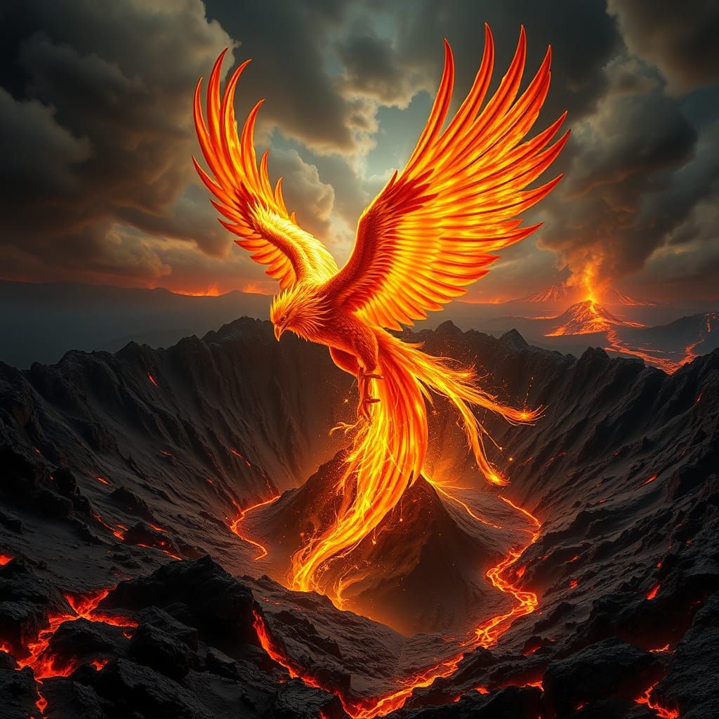 Phoenix Rising from Volcanic Caldera in Baroque Style