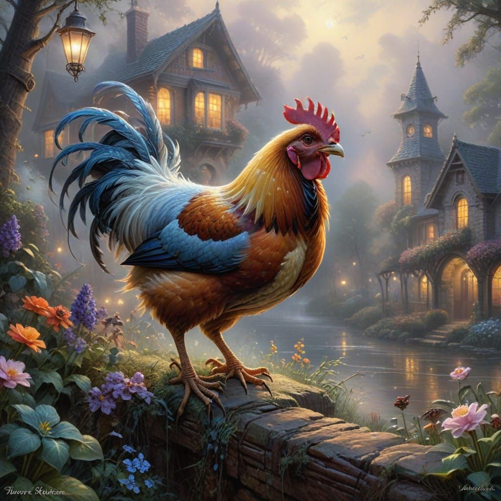 Ethereal Chicken and Spider in Misty Fantasy Landscape