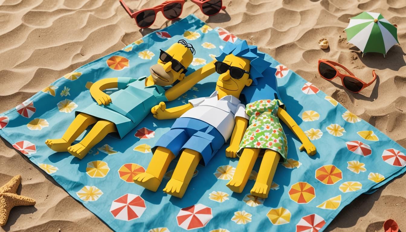 A sunny day at the beach for Homer and Marge Simpson, both are laying on a big beach towel while wearing sunglasses.