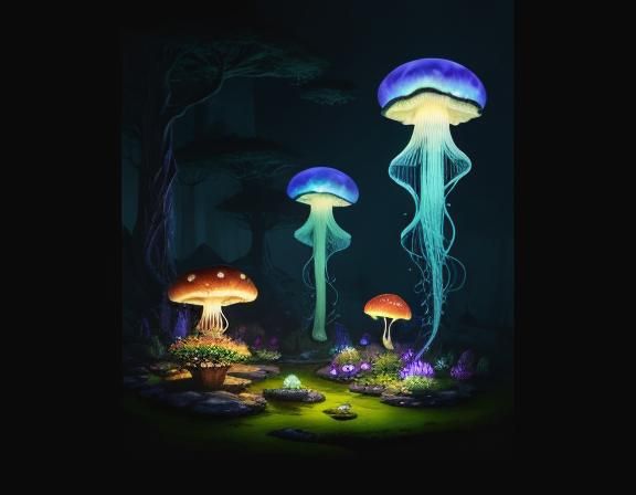 Jellyfish in Toadstool Forest: Beatrix Potter Style