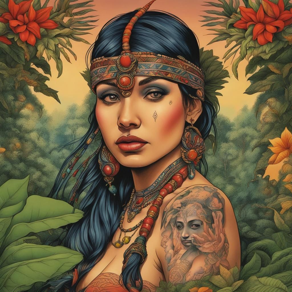 Woman with Hindu Tattoos in Jungle Setting