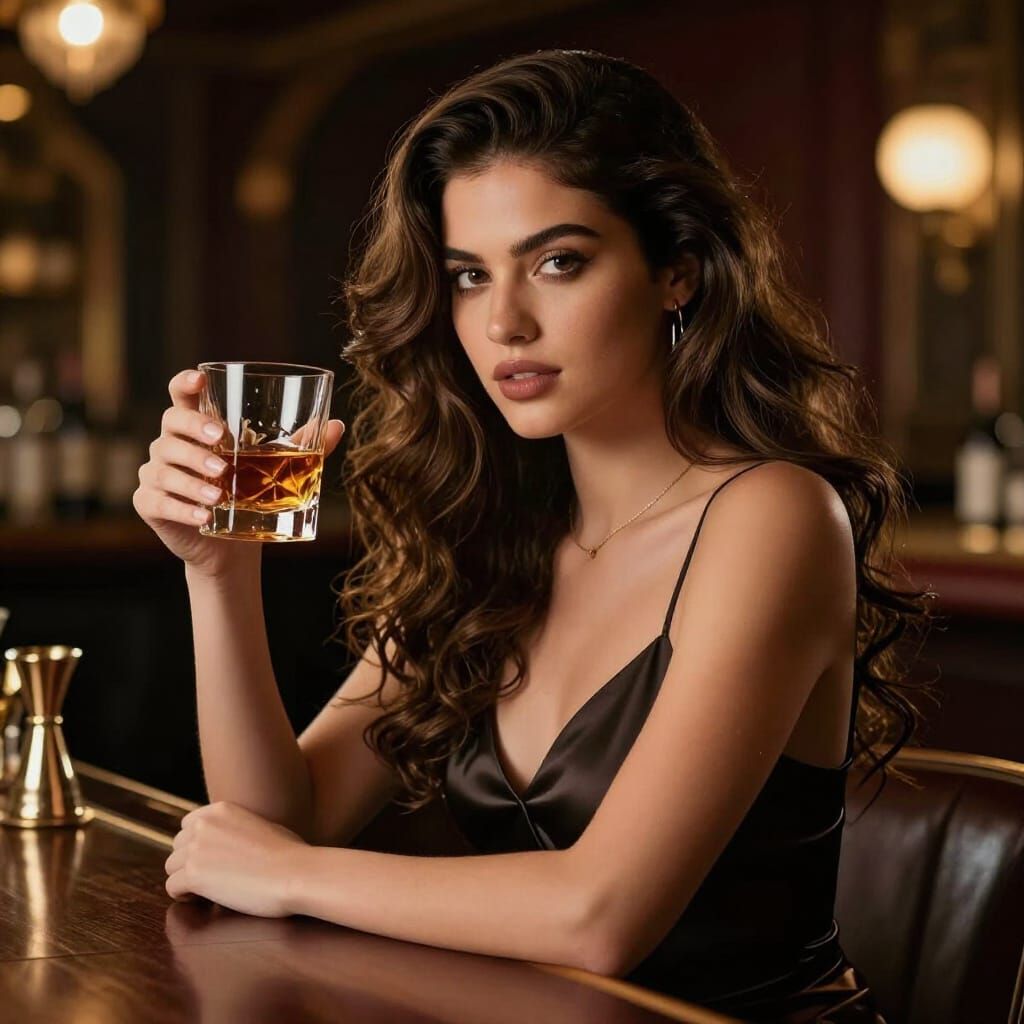 Alluring Latina Woman at Bar, Cinematic Digital Art