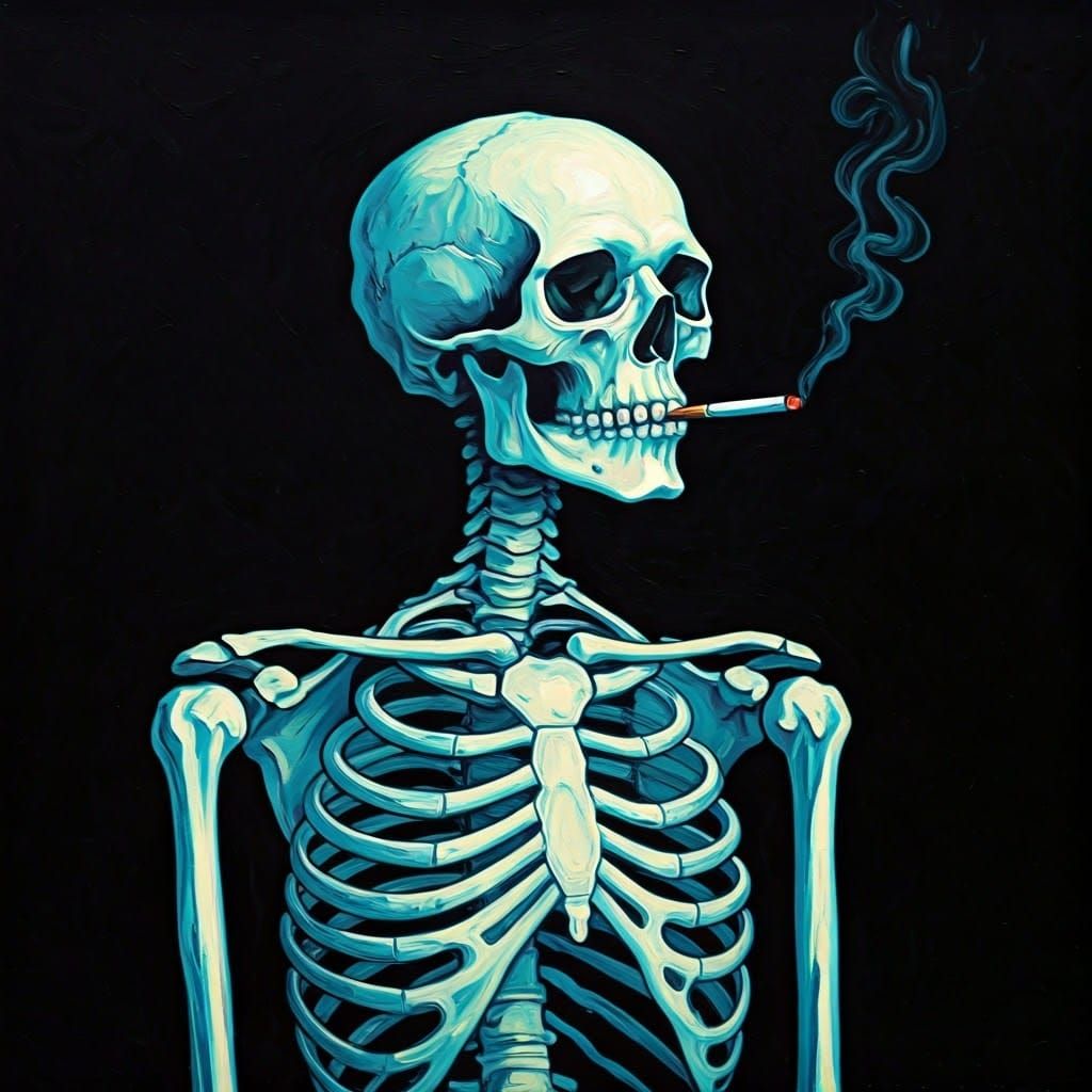 Skeleton Smoking: A Post-Impressionist Oil Painting