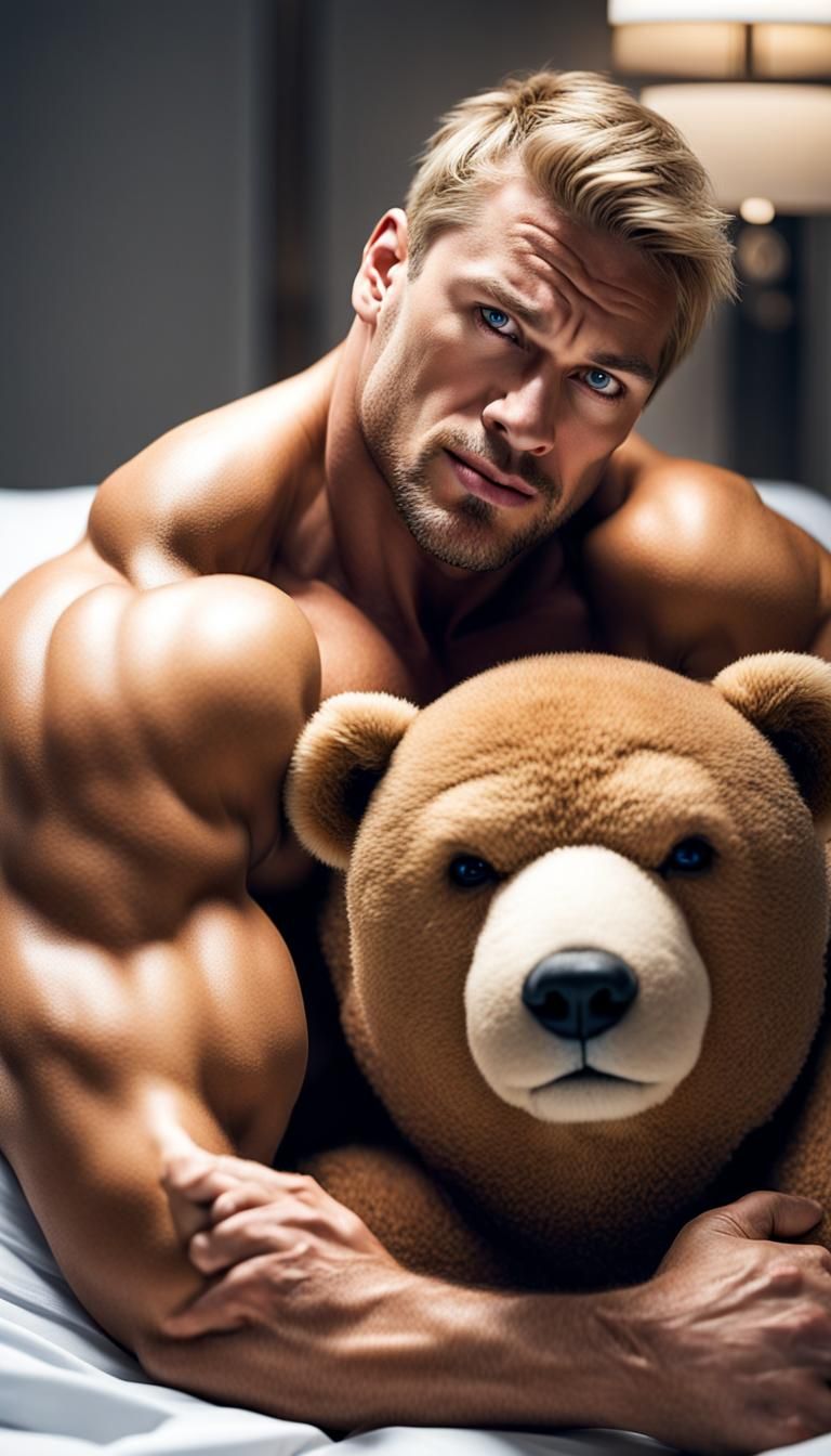 Bodybuilder Hugging Teddy Bear: Professional Portrait