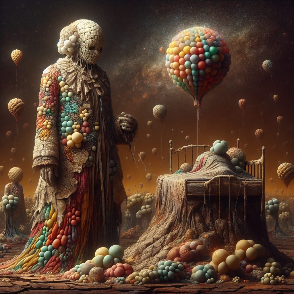 Inflatable Figure Beside Decrepit Mound in Fantasy Art Style