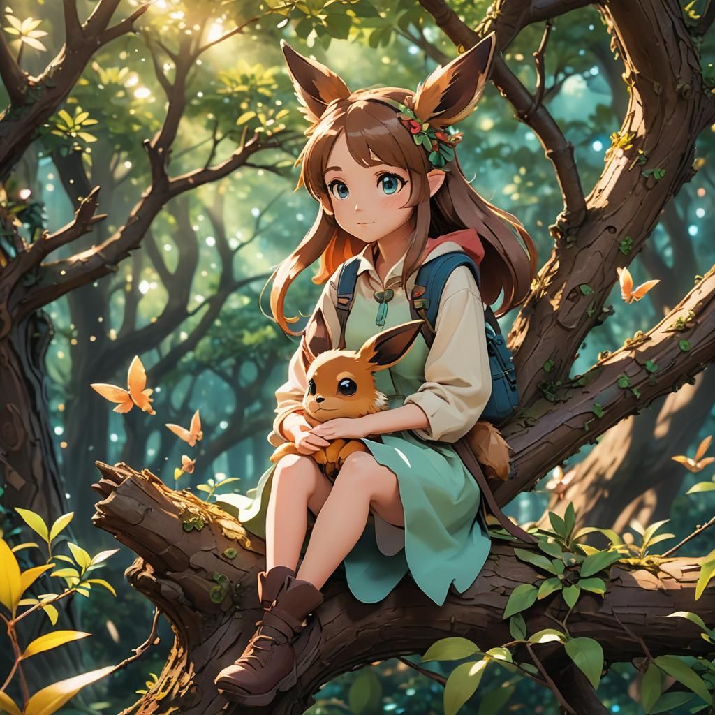 Anime Girl with Eevee in Whimsical Forest