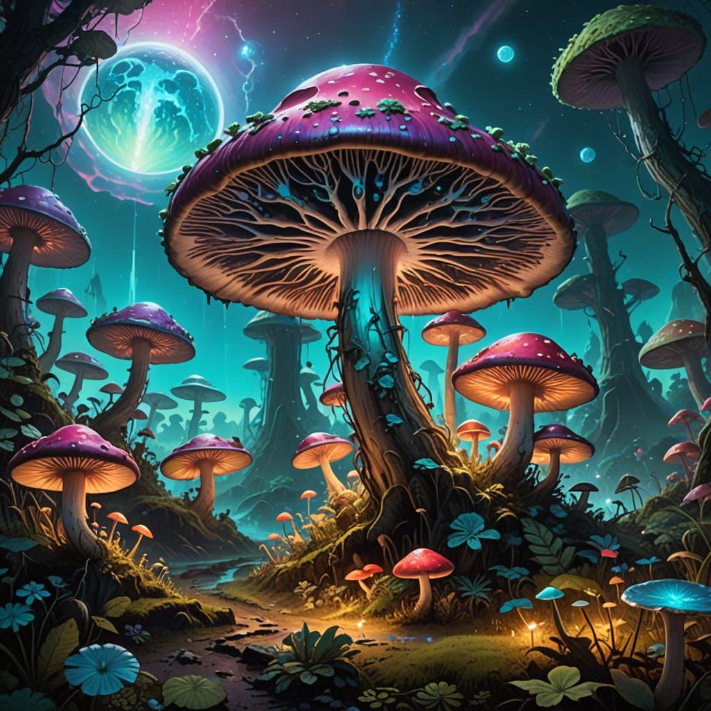 Giant Alien Mushroom Caps Lush Planet in Vibrant Illustratio...