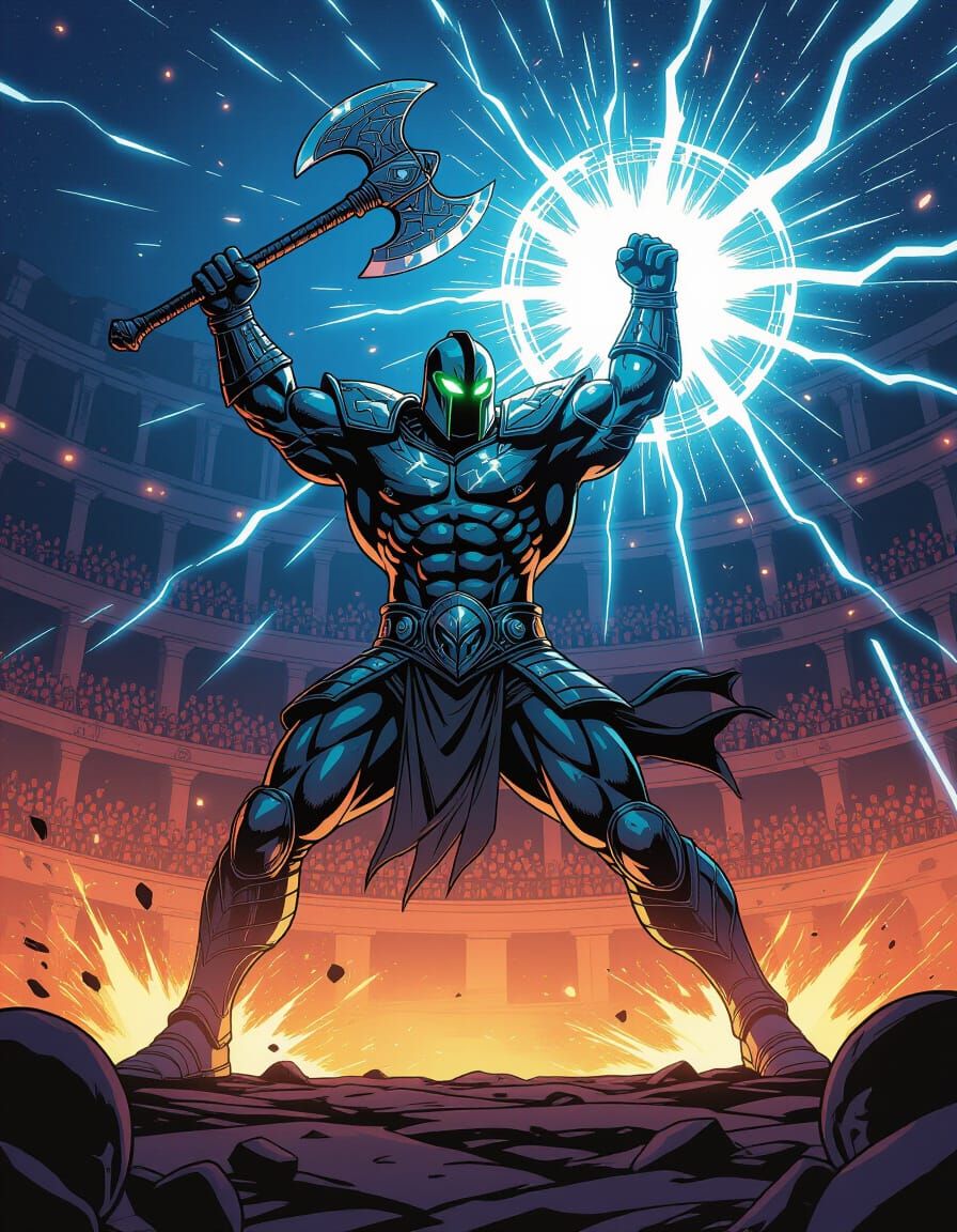 Alien Gladiator Leaping in Comic Book Style