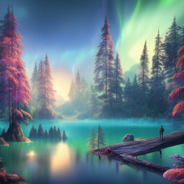 Mystic Lake: Northern Lights Fantasy Landscape