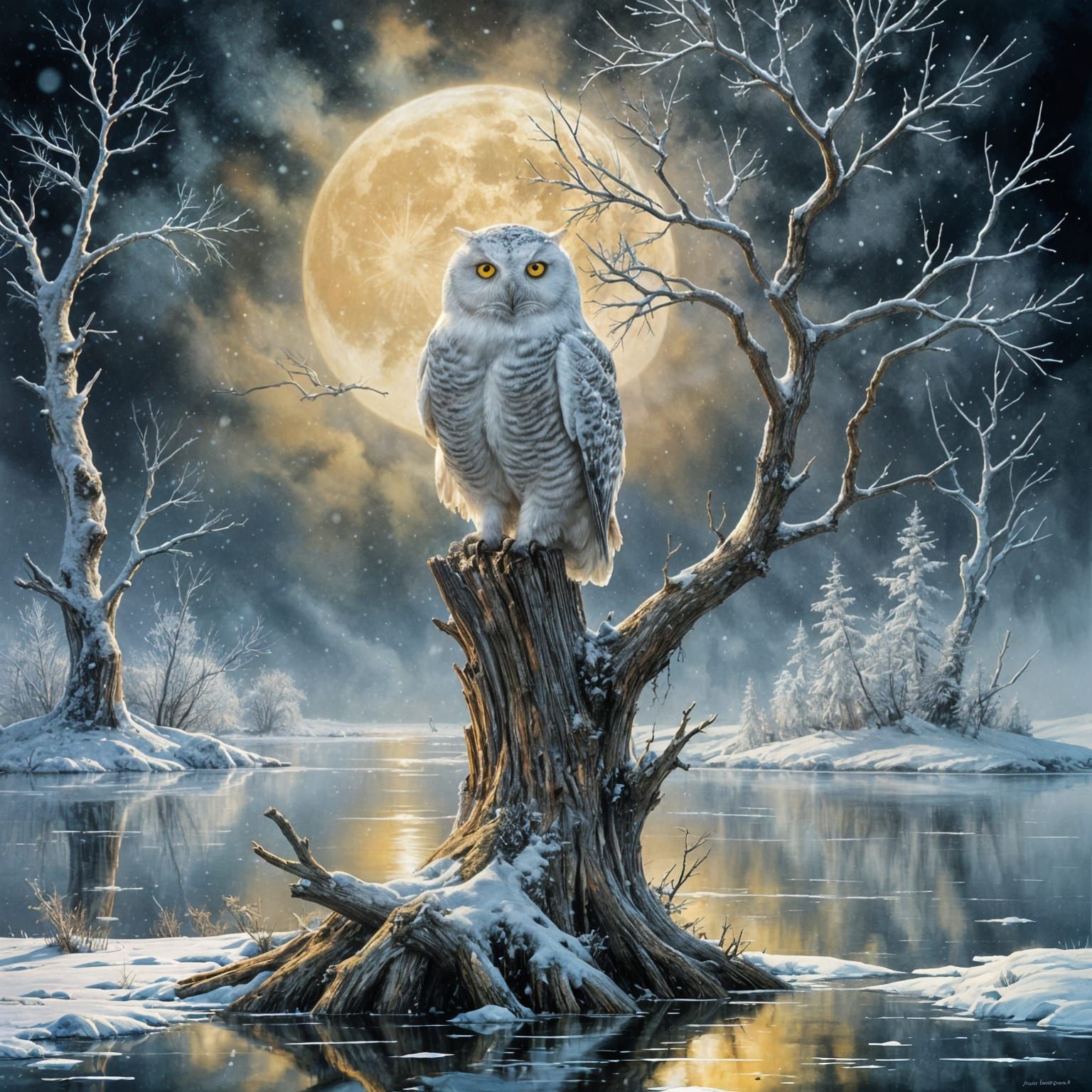 Ghostly Snowy Owl on Tree Trunk Under Full Moon