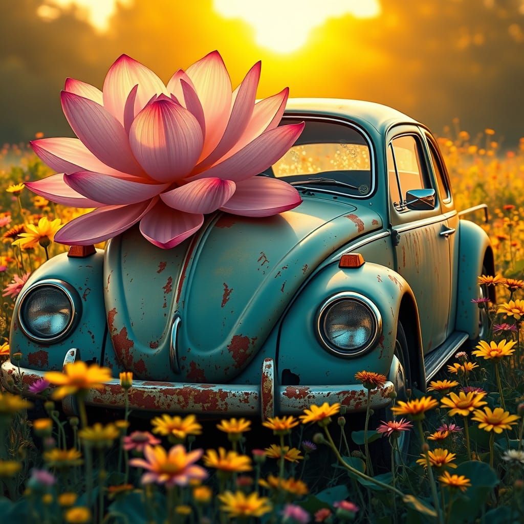 VW Beetle with Lotus Flower in Art Nouveau Style