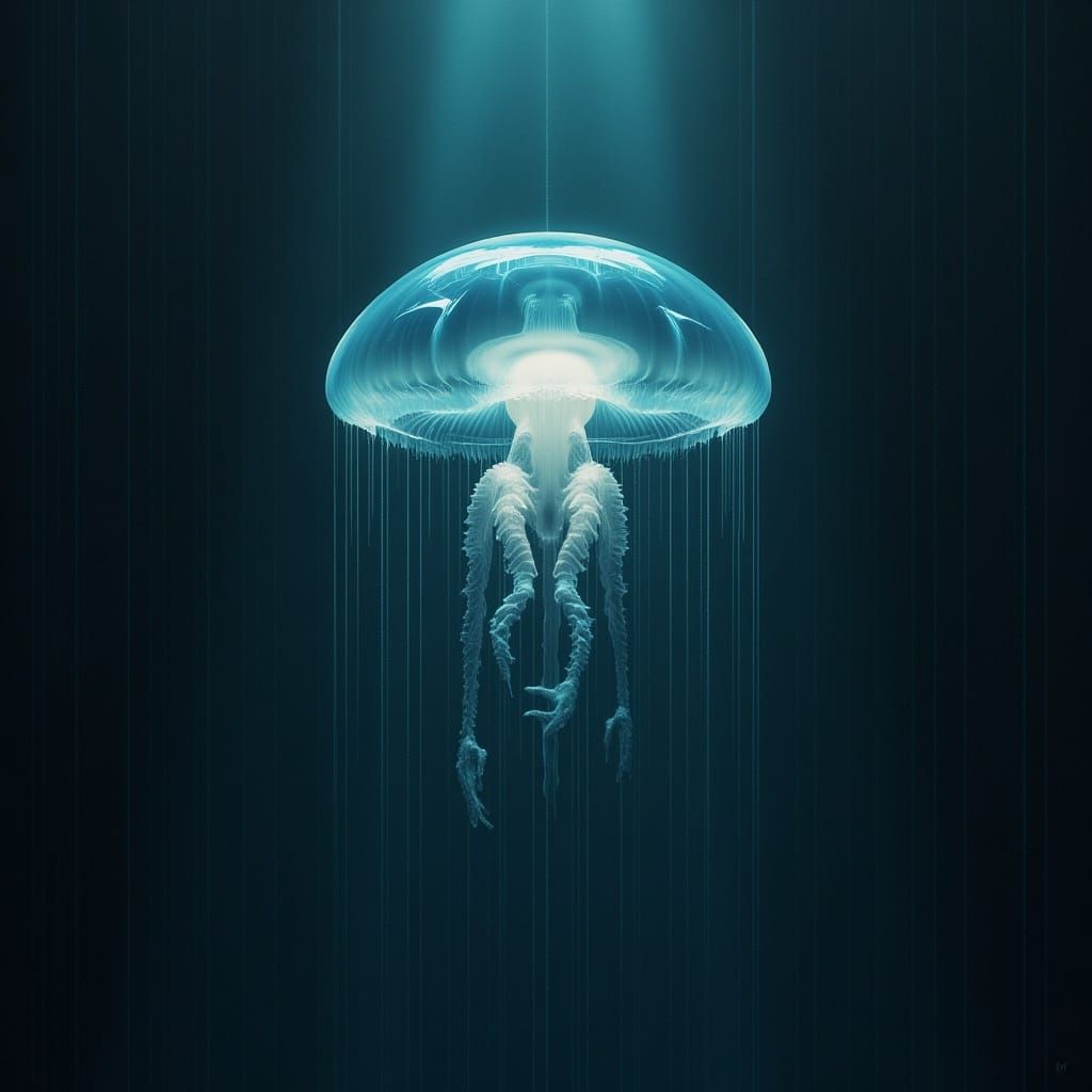 Bioluminescent Jellyfish in Deep-Sea Trench: Dreamy Surreali...