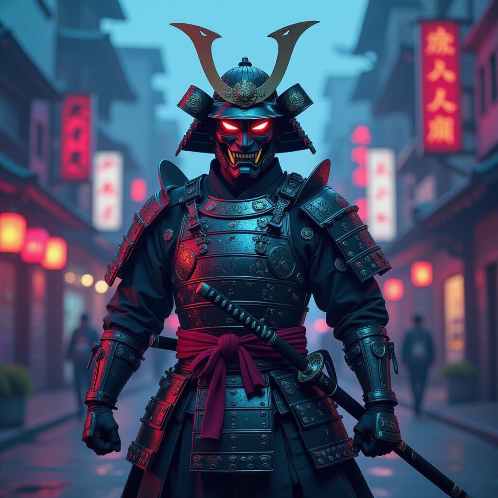 Cyberpunk Oni Demon in Dystopian Cityscape
