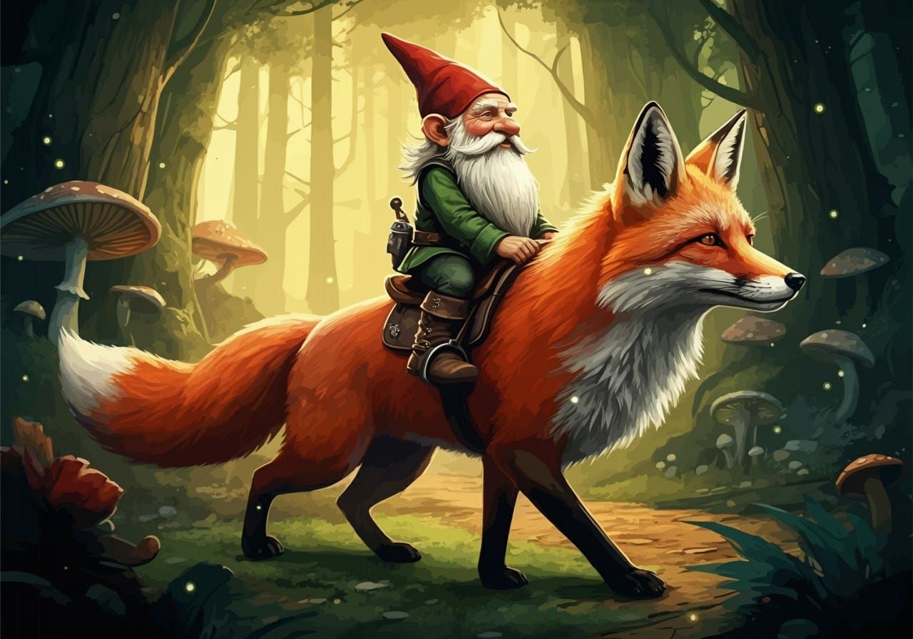 Gnome Rides Fox in Enchanted Forest Illustration