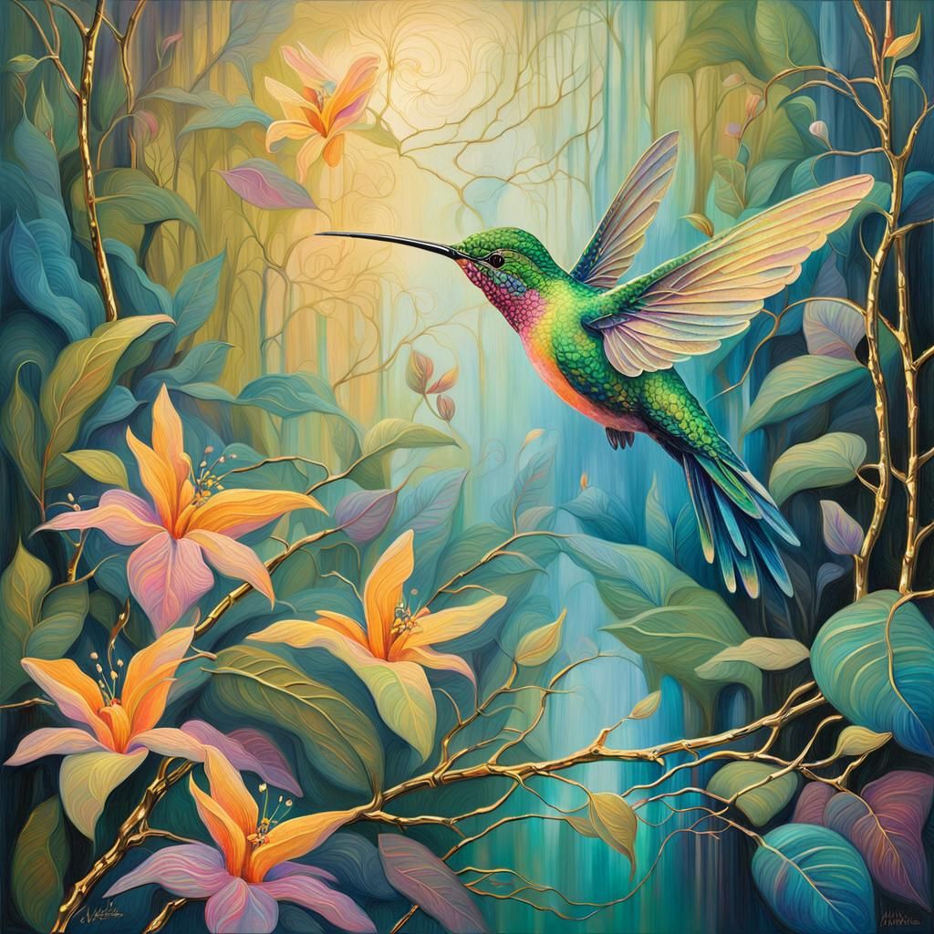 Hummingbird in Rainforest Scene with Gold Details