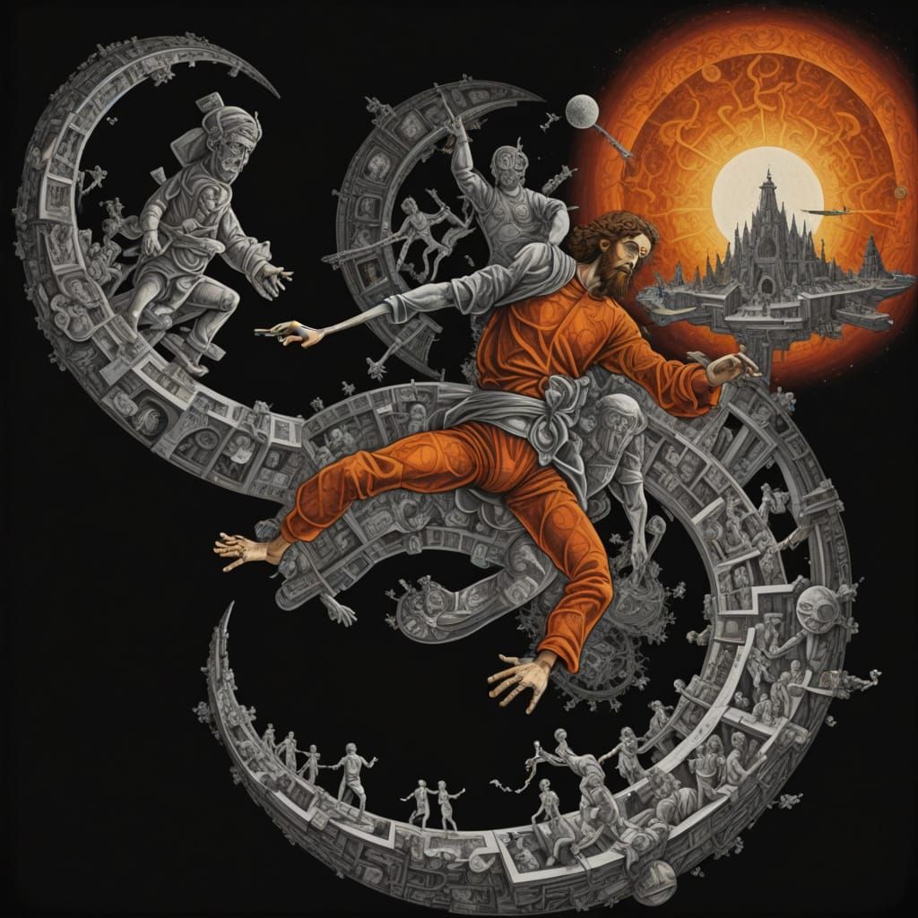 Galactic Vitruvian Man in Escher-Inspired Hyperrealism