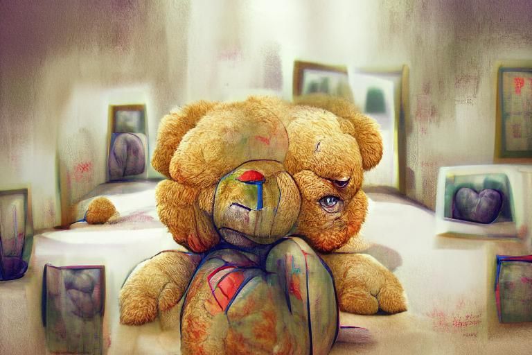 Heartbroken Teddy Bear in Colorful Watercolor Style