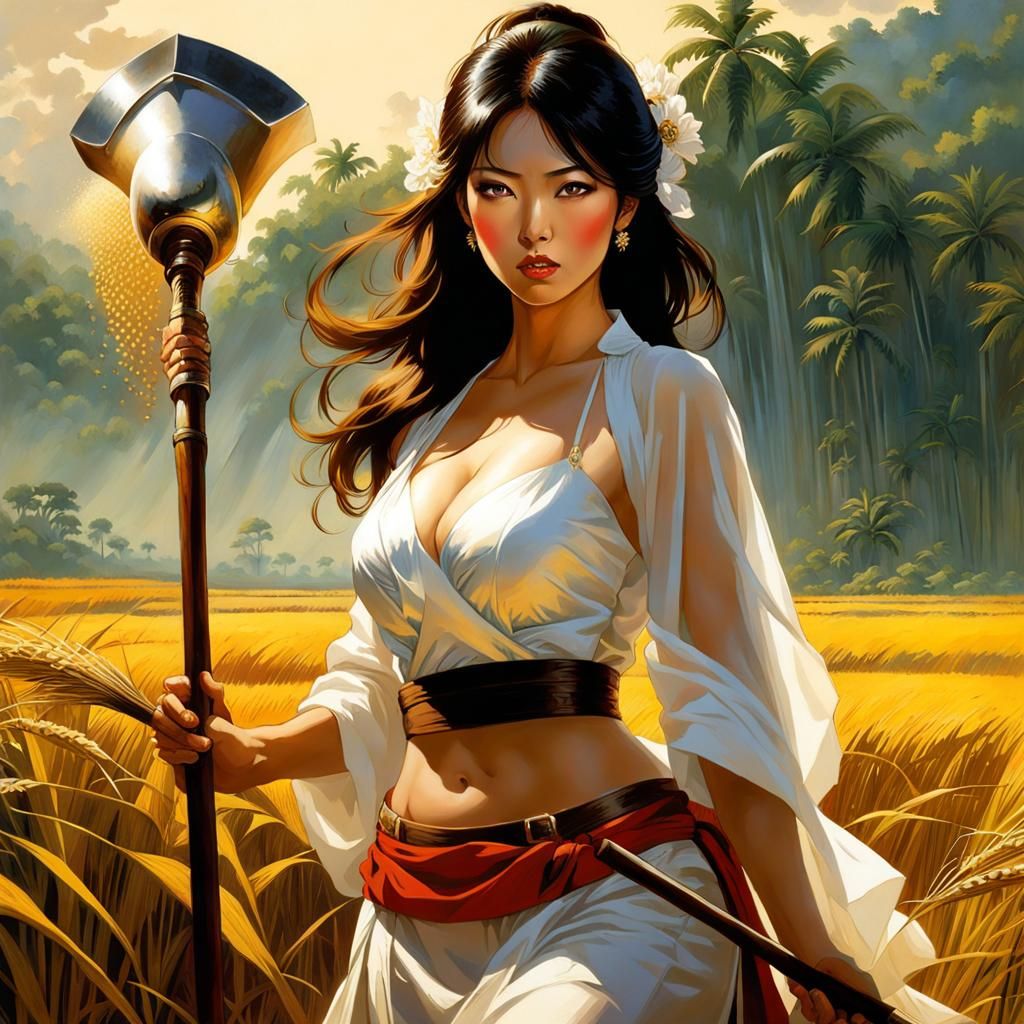 Japanese Woman Plowing Rice Field: Fantasy Illustration