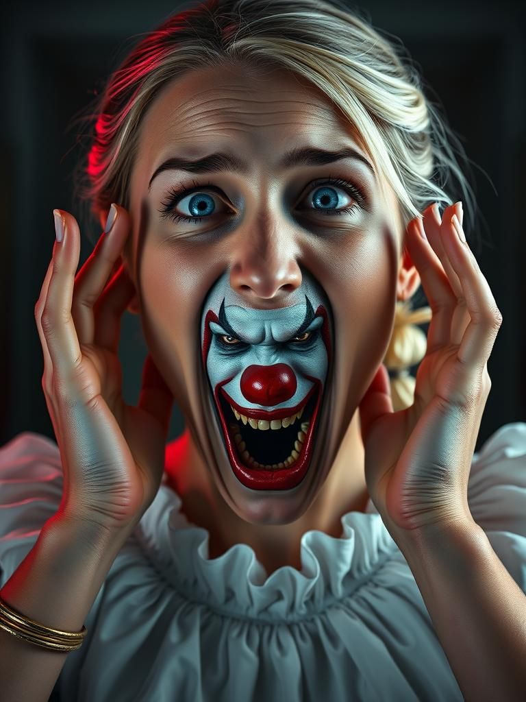 Surreal Clown Emerges from Shocked Woman